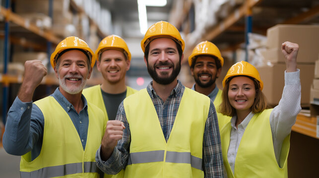 Warehouse Team Celebration with Cardboard Boxes and Safety Gear - Powered by Adobe