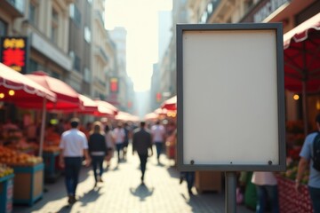 Fototapeta premium Blank Sign on Crowded Street Market Advertising Opportunity in Urban Setting