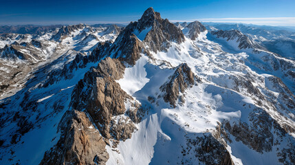  Aerial drone photo of a snow-covered mountain range under clear blue skies