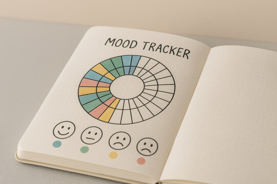 Colorful circular mood tracker journal open on a desk displaying emotional faces for daily mental health and well being management