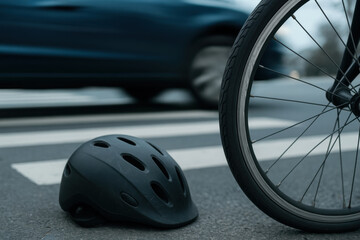 Cyclist helmet lying near bicycle wheel on urban crosswalk as car passes, highlighting road safety awareness for commuters