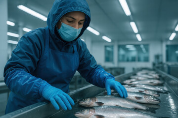 Worker in protective gear inspecting fresh fish on conveyor belt in modern seafood processing facility