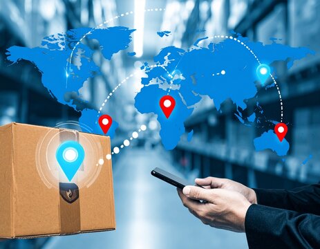 A tracking sensor on a package showing its global journey. A concept for supply chain transparency and logistics.