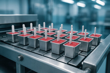 Red fruit popsicles being manufactured on an automated production line in a modern food processing facility with stainless equipment