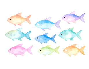 Naklejka premium Colorful Underwater Watercolor Art: A captivating composition showcasing a diverse array of vibrantly colored fish.
