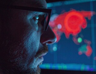 An analyst's face illuminated by a red hotspot on a global data map. A concept for market analysis and opportunity.