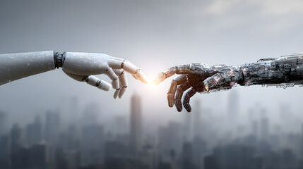 Robotic interaction sparks connection futuristic cityscape digital art high-tech close-up humanity