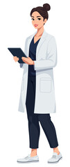 Fototapeta premium Female cosmetologist in lab coat holding tablet isolated in flat design
