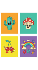 Retro groovy characters featuring a cactus mushroom and cherries with a rainbow design