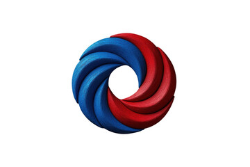 A modern design element with swirling red and blue shapes forming a circle on a transparent background.