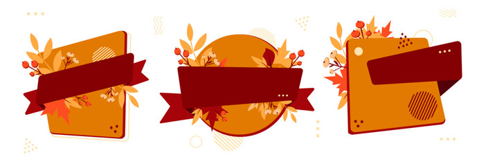 Autumn Sale Labels set with Ribbons and Leaves.Abstract autumn labels with red ribbons, fall leaves, berries, and geometric shapes, for seasonal promotions, Thanksgiving sales, greeting cards. Vector