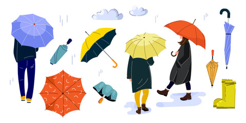 Rainy Day Clipart with Walking Figures and Umbrellas vector illustration set. People walking with umbrellas in rainy weather Modern style set for weather apps, seasonal promotions, childrens products