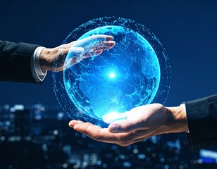 Hands encasing data in a glowing crystal vault. A futuristic concept for data encryption and security