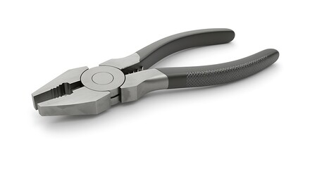 A close up of a pair of gray and black pliers on a white surface in a well lit studio setting
