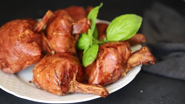 Schweinshaxe smoked meat cooked ham roulka Knuckle fresh shank delicious gourmet food background on the table rustic food top view copy space