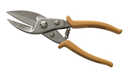 A close up shot of metal snips with tan handles and a spring on a white background in studio lighting
