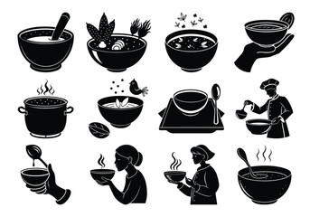 Vector art of black and white illustrations of bowls of soup and people eating