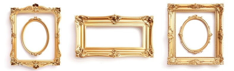 4 vintage golden frames with different sizes and shapes on white background, no shadows, no reflections, symmetrical composition