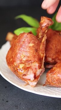 Schweinshaxe smoked meat cooked ham roulka Knuckle fresh shank delicious gourmet food background on the table rustic food top view copy space