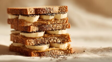 Close-up of a delicious banana and peanut butter sandwich stack healthy snack in warm setting