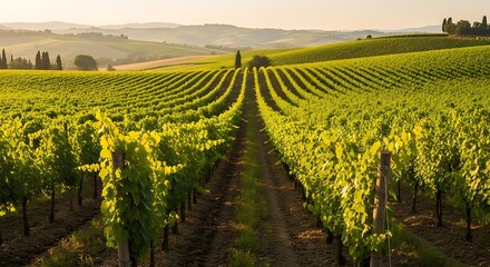 Fototapeta premium Golden Vineyard at Sunset – Tranquil Agricultural Landscape with Rolling Hills and Cypress Trees
