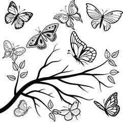 Collection of butterflies fluttering around a delicate tree branch