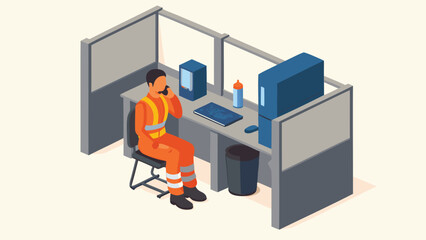 Fototapeta premium Illustration of a worker in orange overalls talking on the phone in a cubicle with computer and water bottle