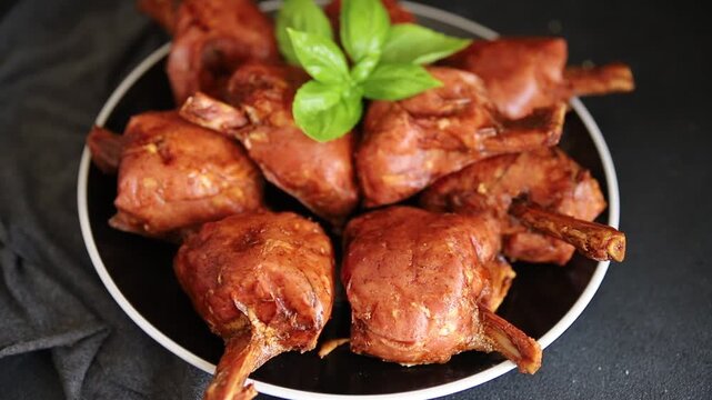 Schweinshaxe smoked meat cooked ham roulka Knuckle fresh shank delicious gourmet food background on the table rustic food top view copy space