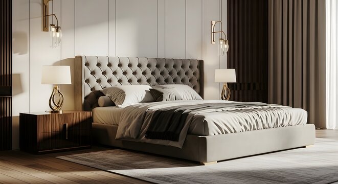 Elegant master bedroom interior with a luxurious grey upholstered bed, tufted headboard, and contemporary decor. - Powered by Adobe