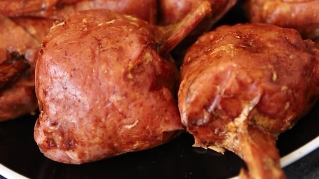 Schweinshaxe smoked meat cooked ham roulka Knuckle fresh shank delicious gourmet food background on the table rustic food top view copy space