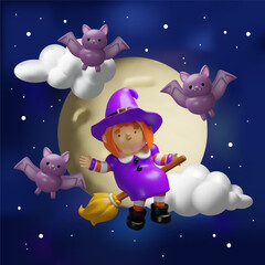 Charming 3D Halloween illustration of a little witch flying on a broomstick surrounded by cute bats, puffy clouds, a glowing full moon. Party invites, seasonal posters, or Halloween-themed designs.