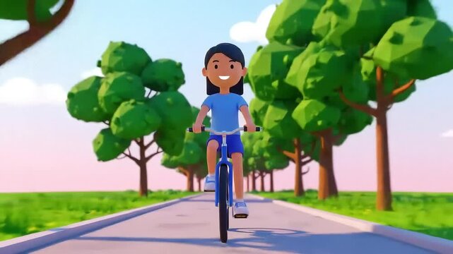 3D cartoon woman riding bicycle on park path with soft trees