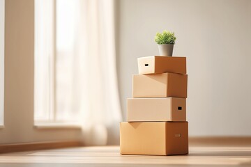 Stack of cardboard moving boxes neatly arranged in sunlit corner of minimalist living room, single green potted plant on top