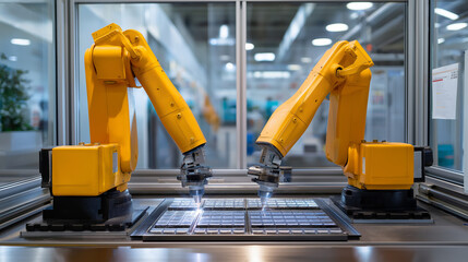 Fototapeta premium Twin Robots Welding Prismatic Cell Arrays in Safety Cell