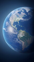Obraz premium A realistic view of planet Earth from space, showcasing the American continents under a clear sky with visible atmospheric glow.
