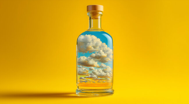 A surreal bottle with a sky and clouds trapped inside, set against a bright yellow background. A visual metaphor for climate control and lost freedom.