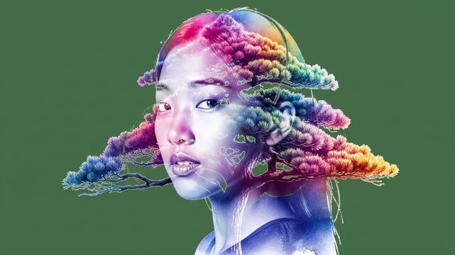 A vibrant, surreal portrait fuses a woman's face with a rainbow-hued bonsai tree, creating a striking visual blend of nature and human form against a muted green backdrop