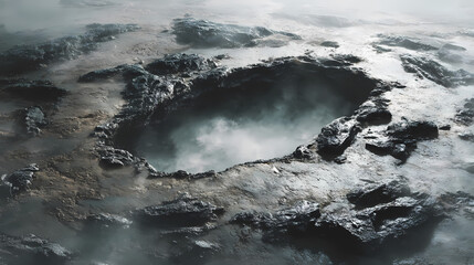 Hollow human imprint pressed into obsidian floor, aerial fog bleed, layout for speculative art direction. Illustration