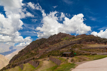 Ancient agricultural Inca terraces of Pisac town near Cusco, Andes Sacred Valley, Peru