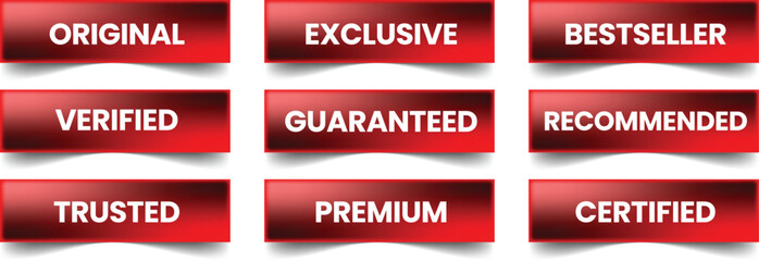 Fototapeta premium Red Glossy Labels with White Text for Product Assurance and Promotion