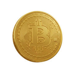 Golden Bitcoin coin, metallic finish, isolated on white background