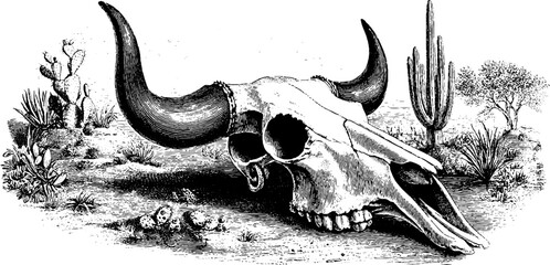 Vintage engraving of cow skull in desert scene for retro design