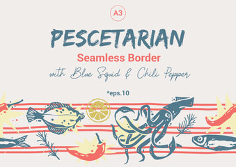 Pescetarian Seamless Borfer with Blue Squid. Trendy Coastal Horizontal Seamless Pattern