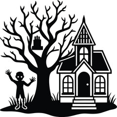 A vector illustration of a scary haunted house and tree silhouette at night, perfect for Halloween art or spooky town designs, spooky forest, silhouette illustration, haunted design