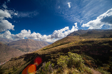 Spectacular View of Sacred Valley in Andes Mountains near town Pisac, Dramatic Sunny Summer Day, Peru