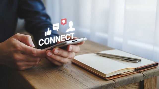 Person using a smartphone to connect on social media with icons floating above the device - Powered by Adobe