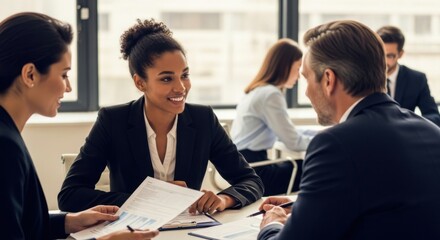 Diverse business professionals collaborating on a project during a meeting