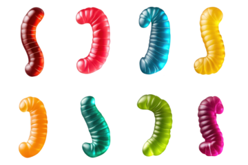 Multicolored gummy worms on transparent background