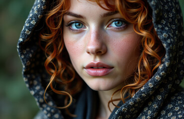 Fototapeta premium Woman with red curly hair and blue eyes wearing a patterned hooded cloak in an outdoor setting