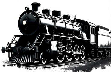 Fototapeta premium A vintage steam locomotive train moving along railway tracks in black and white